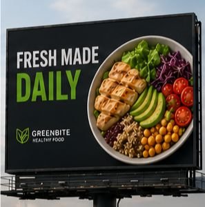 Balanced billboard design with fresh food and clear branding